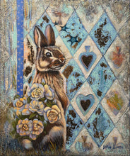 Artistic depiction of a rabbit surrounded by flowers and hearts on a textured background