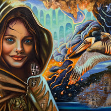 Artistic depiction of a hooded figure with a celestial background featuring an angel.