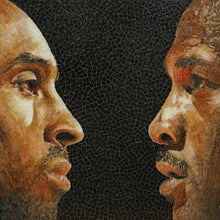 Mosaic artwork of two faces on a black background