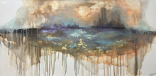 Abstract artwork with a reflective surface and cityscape