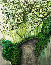 Artistic depiction of a garden path winding through trees and shrubs