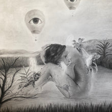 Pencil drawing of a person sitting on a bed with eye-shaped balloons above, surrounded by nature.