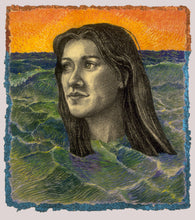 Portrait of a woman with a stylized landscape in the background