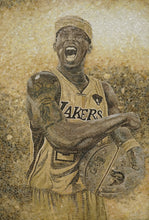 Mosaic artwork of a basketball player in a Lakers jersey on a textured background