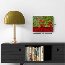 "Flowers Over the Red Wall" by Nancy Bermel, Fabric on Canvas