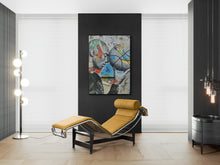 Modern interior with a yellow lounge chair, abstract painting, and floor lamp.