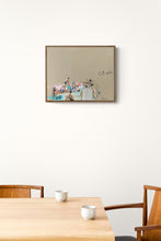 "Coastal Conversations" by Kristine Brookshire, Acrylic and Gouache on Canvas framed in a raw wood floater frame