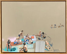 "Coastal Conversations" by Kristine Brookshire, Acrylic and Gouache on Canvas framed in a raw wood floater frame