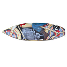 "Tin Toy Motorcycle" by Dwight Touchberry, Mixed Media on Recycled Surfboard