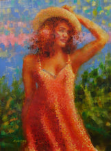 "Girl in Sundress and Straw Hat" by Marilyn Weisberg, Acrylic on Watercolor Paper