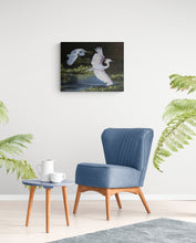 "Snowy White Egrets in Flight" by Peggy Bosh, Oils on Canvas