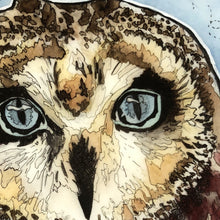 "Blue Eyed Owl" By Kim Winberry, Watercolor, India Ink, and Art Resin