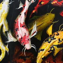 “Koi” by Brittany Ciauri, Acrylic and Metallic Foil on Pine Round