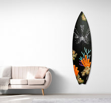 “Seven Seas of Savage N.o3”  by Samantha Nicoletti, Acrylic Mixed Media on Recycled Surfboard